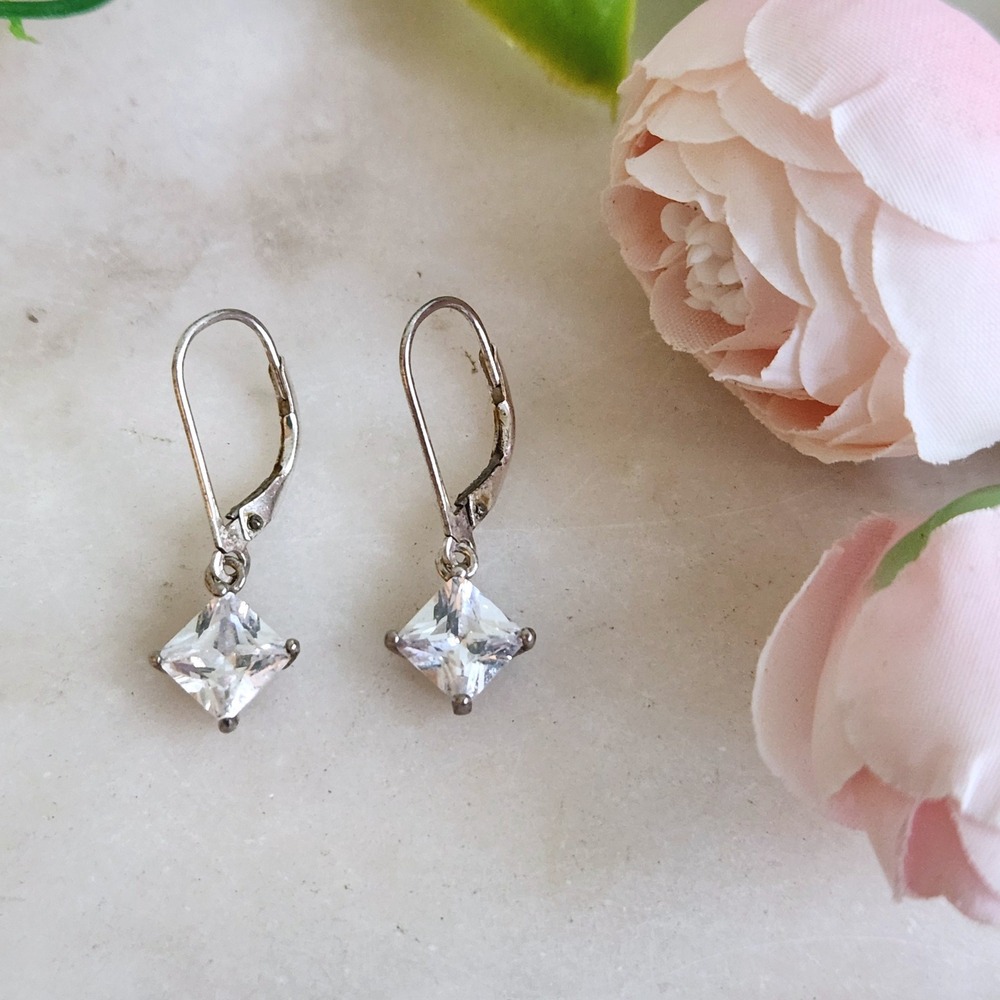 Sterling Silver 925 Princess Cut Cubic Zirconia Leverback Drop Earrings Clear